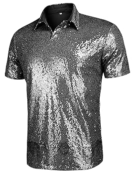 URRU Men's Relaxed Short Sleeve Turndown Sparkle Sequins
